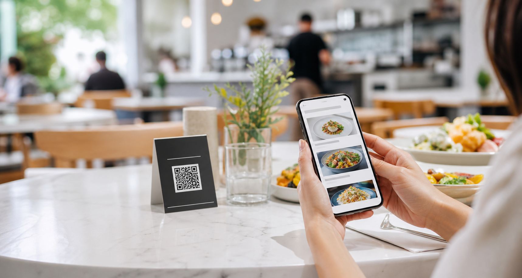 Guest ordering from a QR menu at a restaurant table